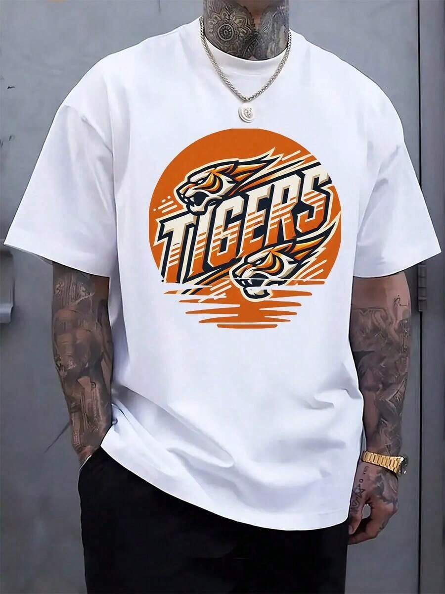 Men's Short Sleeve T-Shirt With Black Tiger Print - Eye-Catching Orange And White Tiger Design, Regular Fit, Casual Summer Top, Sporty Style Clothing. | Sporty Look | Embellishments Details Women's Holiday Sets 629G - 白色 - 查看 1