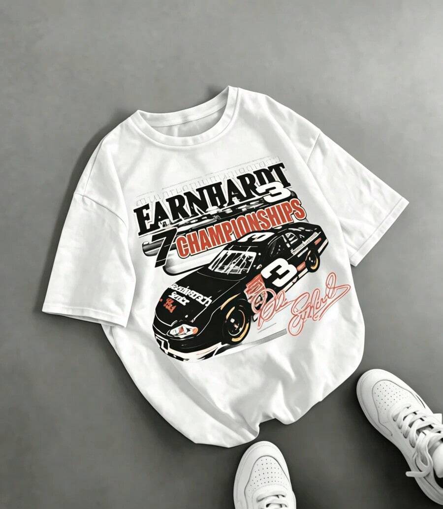 Retro # Racing Car Print T-Shirt 3 NASCARS 7 Championships, Casual Print, Comfortable And Versatile, Washed Pure Cotton Printed T-Shirt, Unisex Style, Summer Clothes, Women's Holiday Clothes, Summer. - 白色 2 - 查看 1
