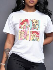 Colorful Illustration Of A Cheerful Cowgirl Holding An Ice Cream Cone And Cotton Candy In Comic-Style Panels Representing Fun And Positive Energy. Women's Casual, Modern, And Comfortable T-Shirt - 白色 - 查看 6
