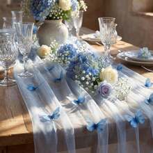 1 Stück blauer 3D Schmetterling Tischläufer aus Mesh, elegante und leichte Dekoration für Hochzeit, Babyparty, Geburtstag, Zuhause - Hellblauer Schmetterling - Übersicht 1