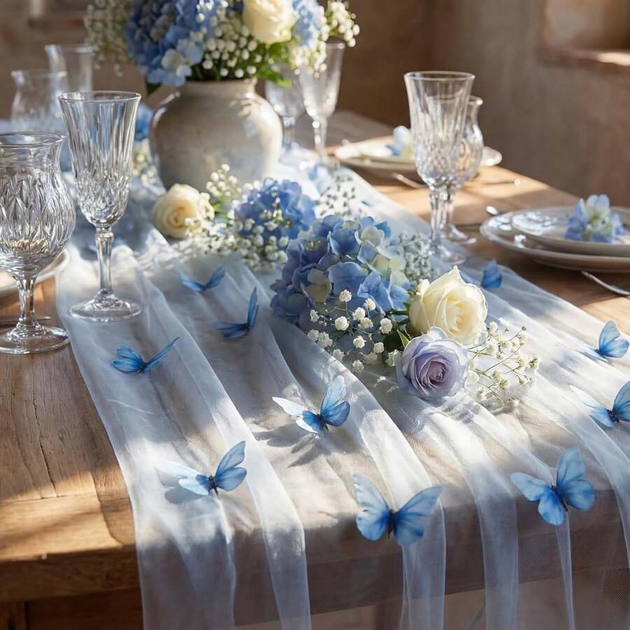1 Stück blauer 3D Schmetterling Tischläufer aus Mesh, elegante und leichte Dekoration für Hochzeit, Babyparty, Geburtstag, Zuhause - Hellblauer Schmetterling - Übersicht 1
