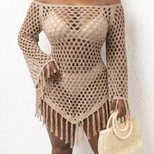 Plus Size Off-Shoulder Fringe Knitted Cover-Up For Summer Beach Vacation - Caqui - Ver 1