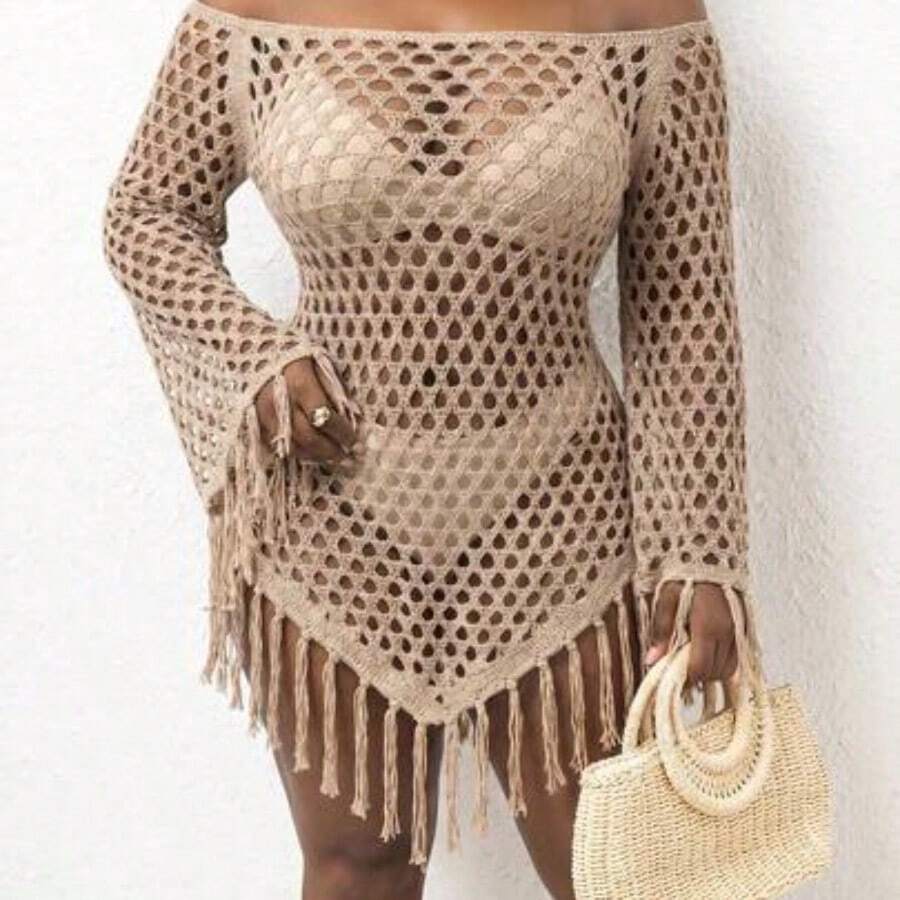 Plus Size Off-Shoulder Fringe Knitted Cover-Up For Summer Beach Vacation - Caqui - Ver 1