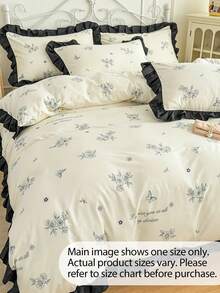 Cream-Colored Girly Ruffled Soft Brushed Floral Duvet Cover 3 Pieces Set (1 Duvet Cover + 2 Pillowcases, Comforter & Pillow Inserts Not Included), Bedding Set, Comfortable Soft Breathable Cozy Versatile, Machine Washable For All Seasons - White and Black - View 5