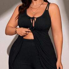 Swim Lushore Plus Size Women Summer Solid Color Front Tie Spaghetti Strap Tankini Beach Dress With Shorts Set - Verde Oscuro - Ver 8
