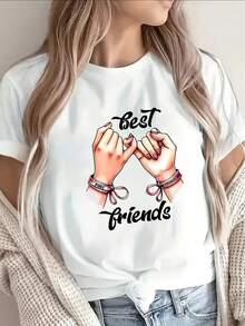 Lightweight And Durable Short-Sleeved T-Shirt With A Best Friend Design, Ideal For Casual Outings And Suitable For Wearing In Restaurants Or The Living Room, Offering A Comfortable Fit For Women - [白色的] - 查看 1