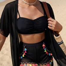 Swim Vcay 4pcs/Set Tassel Cover Up, Swim Trunks, And Basic Bikini Swimsuit Set For Beach Vacation For Summer - Beis - Ver 4