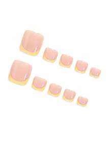48 pièces d'autocollants pour ongles carrés courts rayés crème jaune, convenant pour le printemps et l'été, comprenant 2 feuilles de colle à ongles et 2 mini bandes à ongles. Design français minimaliste léger jaune avec base rose nude, pour femmes et filles. Faux ongles à couverture complète - Multicolore - Voir 5