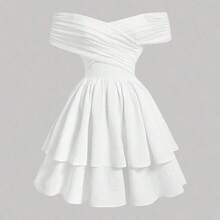 MOD Women's Solid Color Off Shoulder Layered Ruffle Dress,Sun Dress,Summer Dresses For Women - Blanco - Ver 2