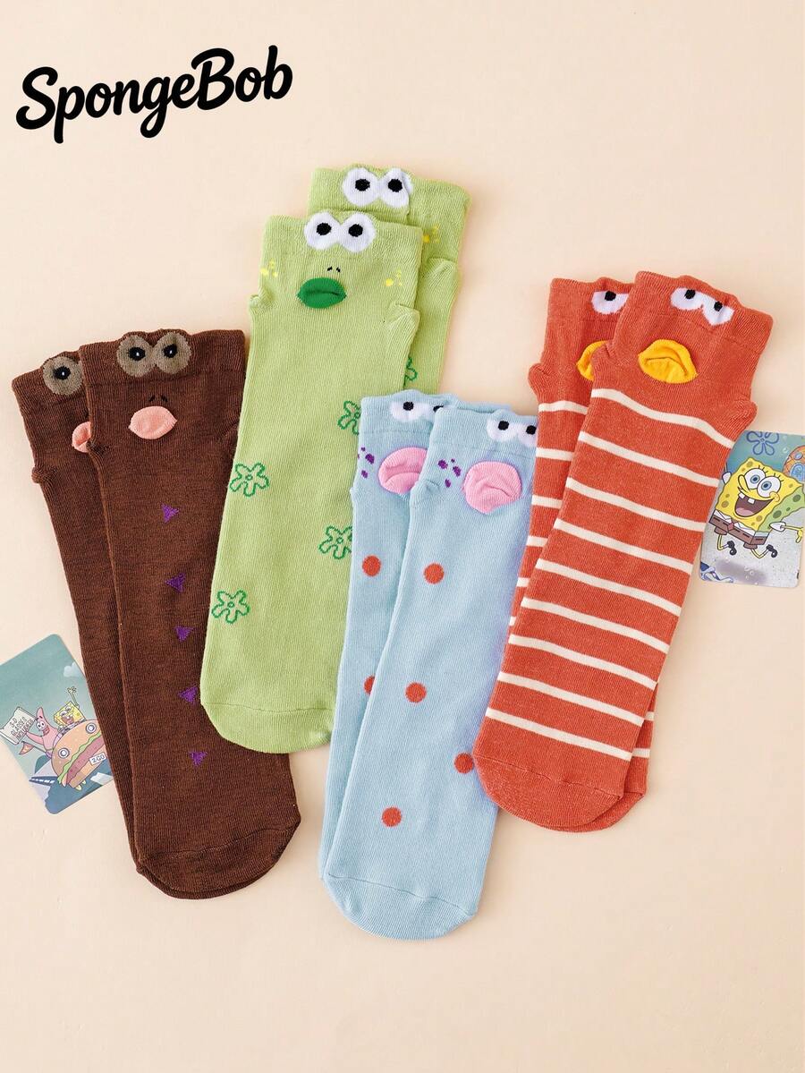 SpongeBob SquarePants 2/4 Pairs Random Color Funny Expression Pattern Casual Mid-Calf Socks, 3D Lip Striped Design Durable Breathable Campus Street Style Socks - Multicolor - View 1