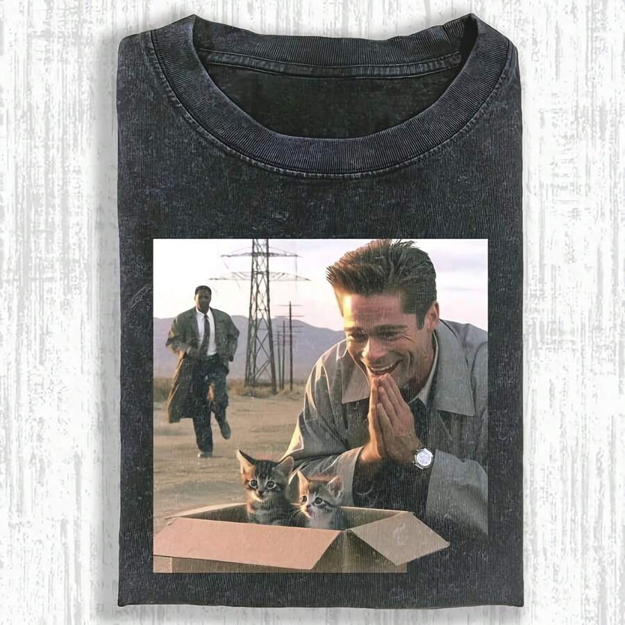 Vintage Washed Meme Parody Tee, Funny 90sie Inspired Cat Box Shirt,Ie Gift For Fan - Black - View 1