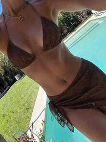 Conjunto de 3 piezas de traje de baño de bikini de unicolor y estilo sexy de halter para mujeres, conjunto de traje de baño, para vacaciones de verano en la playa - Marrón - Ver 8