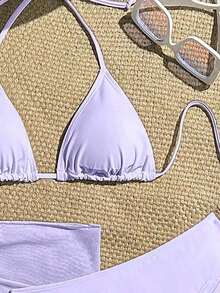 Conjunto de 3 piezas de traje de baño de bikini de unicolor y estilo sexy de halter para mujeres, conjunto de traje de baño, para vacaciones de verano en la playa - Púrpura malva - Ver 3