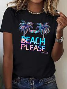 Camiseta de edición limitada para mujer con estampado de palmeras Beach Guest en color neón - Camiseta negra de verano con diseño de logotipo neón, top ligero de manga corta, para ropa de playa, vacaciones de primavera y uso casual. Algodón ligero. - Negro - Ver 7