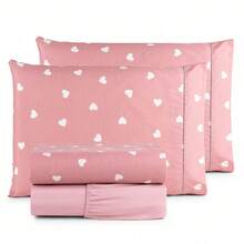 4-Piece Printed Sheet Set For Double Bed, 180 Thread Count, 100% Cotton, Soft Touch - Pink Hearts - View 1
