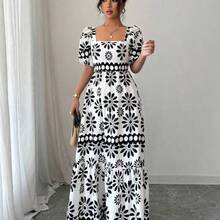 Women's Summer Country Floral Print Bardot Neck Dress - Blanco y Negro - Ver 5
