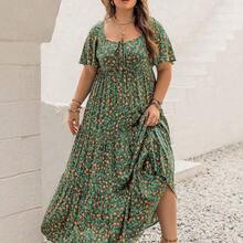 Bohemian Green Floral Print Tie-Front Flowy Hem Casual Plus Size Dress, Suitable For Easter Beach Outfit, Hawaiian Music Festival And Tropical Vacation Summer Elegant - Blanco - Ver 6