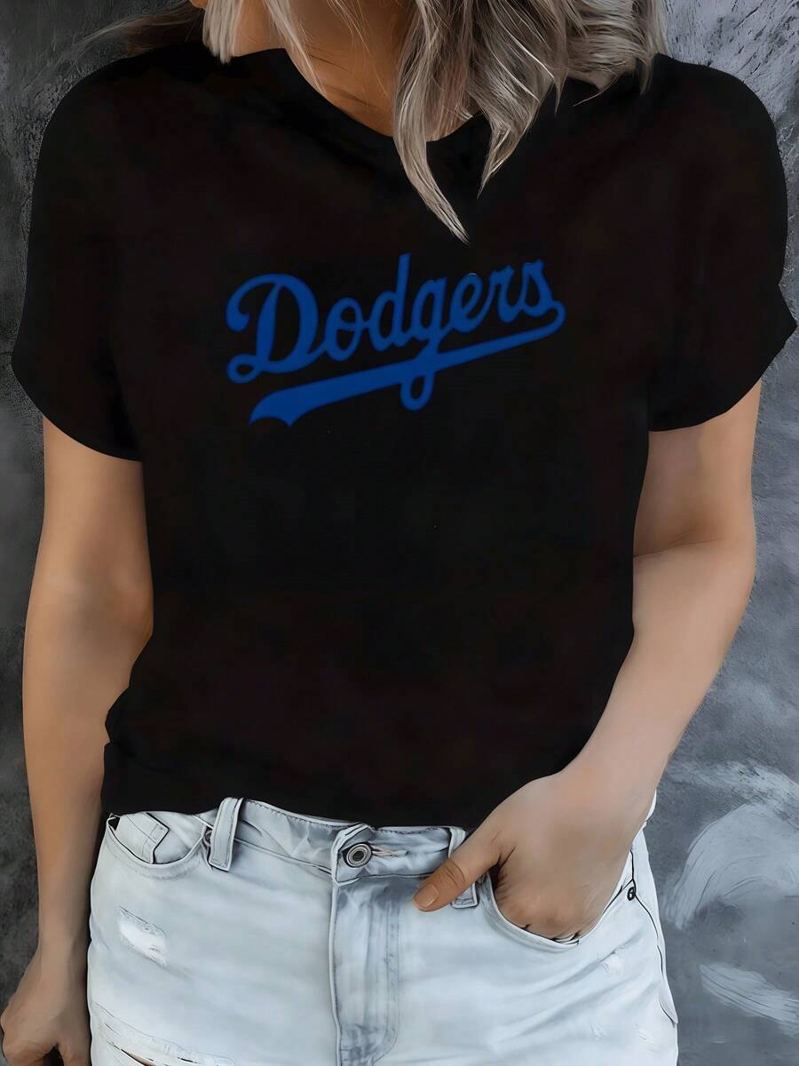 Blue Text Representing Youthful Energy And Sporting Spirit With Curved Letters That Evoke Movement And Modern Confidence Full Of Vitality, Comfortable White Casual Women's T-Shirt For Everyday Wear - 黑色 - 查看 1