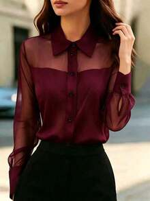 1 pieza Blusa elegante de mujer con parches de malla, adecuada para salidas diarias, ir al trabajo y atuendos de aeropuerto - Burdeos - Ver 3
