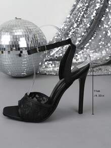 Spring/Summer Fashion Square Toe High Heel Slip-On Mesh Sandals - Black - View 3