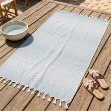 100% Cotton Turkish Beach Towel - Striped Peshtemal with Tassels- Quick-Dry & Soft Boho Beach Blanket - 淺藍色 - 查看 9
