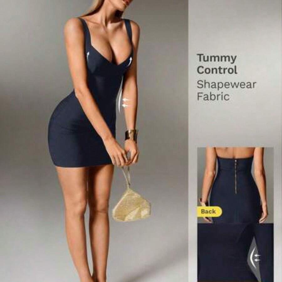Sexy Solid Color Knit Spaghetti Strap Sleeveless Mini Dress, Bodycon Party Holiday Dress For Women Tummy Control Dress Shapewear Dress Bandage Dress For Women White Dress - Azul Marino - Ver 1