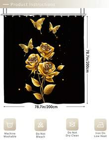 1/3/4 件套黑色金玫瑰蝴蝶浴室浴帘套装；奢华设计，防水耐用，尺寸 71 英寸 x 71 英寸，包含 12 个挂钩、马桶盖、浴垫和地毯，采用优质涤纶面料，可水洗且防霉，适合节日装饰、卧室、浴室、旅行必备，是返校/毕业/母亲节的理想礼物。 - 黑金 - 查看 13