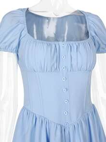 Vestido mujer cuello cuadrado manga burbuja con hueso moldeador, estilo dulce y sexy, corte ajustado - Azul - Ver 10