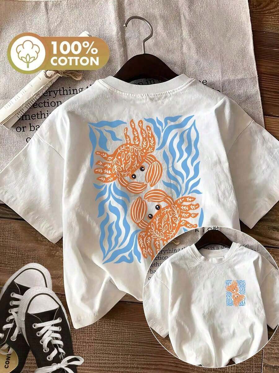Camiseta gráfica de algodón 100% estilo Y2K de gran tamaño para mujer, con estampado retro de cangrejos y algas marinas, diseño frontal y trasero, camiseta casual de playa para mujer, camiseta estampada reversible para mujer, con un diseño divertido de cangrejos y algas marinas, perfecta para primavera y verano, camiseta gráfica unisex de manga corta, camiseta casual de cuello redondo. - Blanco - Ver 1