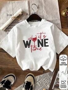 Ropa de verano para mujer, camiseta de manga corta con estampado de copas de vino y letras, hecha de algodón puro con ligera elasticidad, cuello redondo holgado, adecuada para uso diario casual, elegante e informal, lavable a máquina. - Blanco - Ver 1