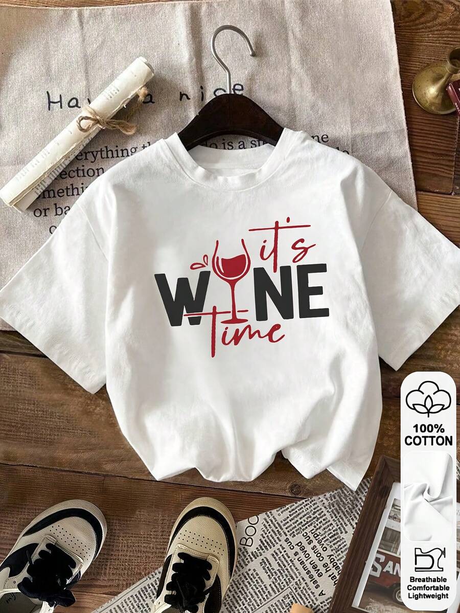 Ropa de verano para mujer, camiseta de manga corta con estampado de copas de vino y letras, hecha de algodón puro con ligera elasticidad, cuello redondo holgado, adecuada para uso diario casual, elegante e informal, lavable a máquina. - Blanco - Ver 1