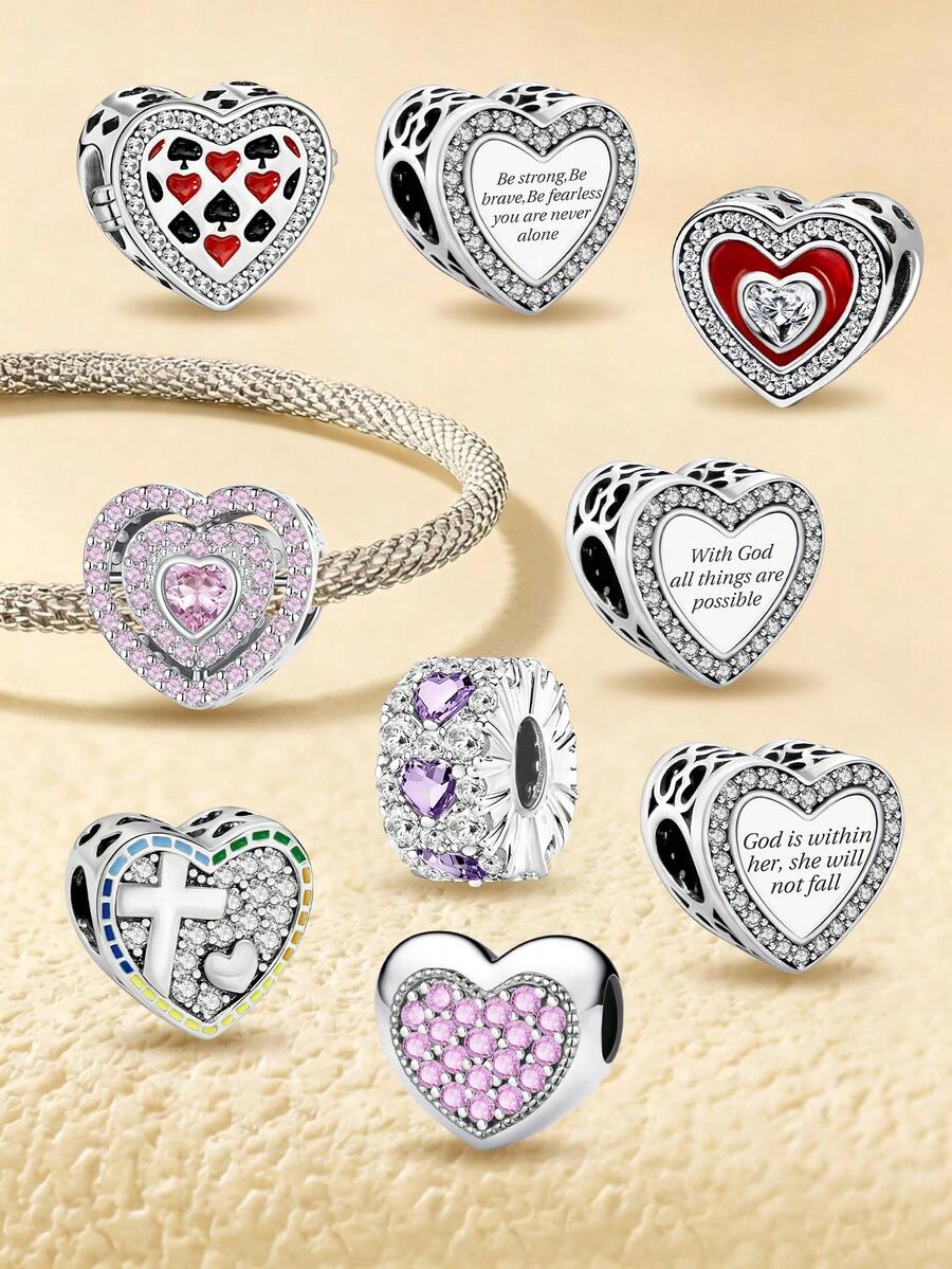 1pc Fashion Sparkling Heart Pendant Charm Bead Suitable For Women's Bracelet, Jewelry Making And Daily Decoration, Girls Accessory - Silver - View 1