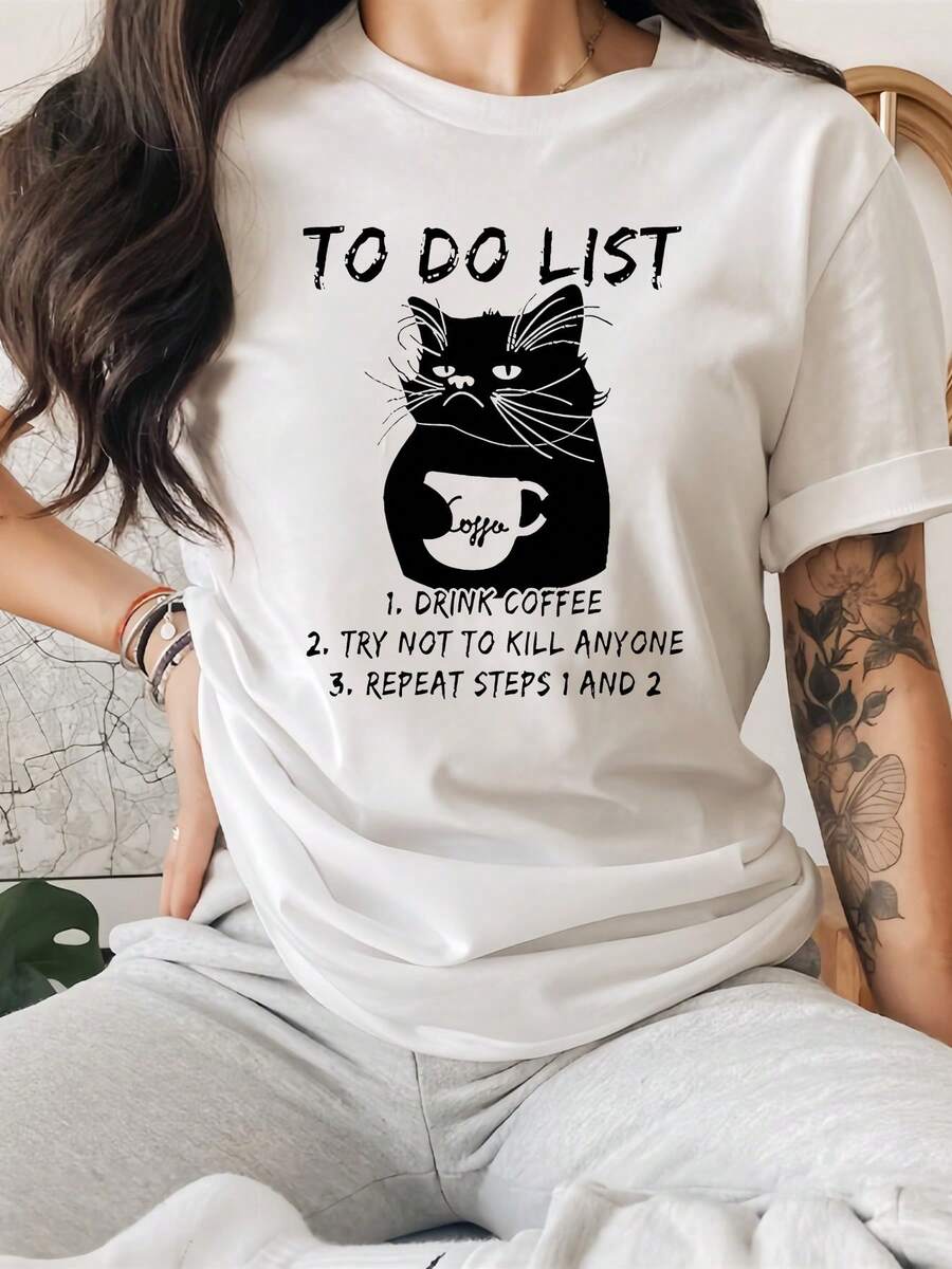 1 pieza de camiseta casual de primavera/verano con estampado de letras de gato, camiseta deportiva de manga corta con cuello redondo, top para mujer, 180g 100% algodón. - Blanco - Ver 1