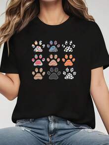 Talla Grande - Talla Grande - Camiseta de Mujer Talla Grande con Estampado Gráfico de Huellas de Pata de Colores, Manga Corta, Cuello Redondo, Top Casual para Verano y Primavera, Ropa de Mujer - Negro - Ver 8