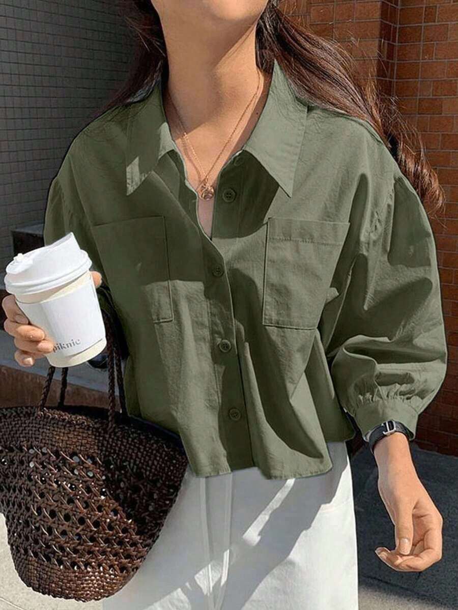 Camisa de manga larga holgada con botones delanteros y bolsillo en unicolor para mujer - Verde Oscuro - Ver 1