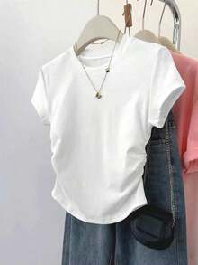Set de 2 blusas de verano para mujer, camisetas con cintura ceñida, diseño de unicolor, burdeos y negro clásicos, de alta gama, para estudiantes, uso casual diario, adecuado para salir, ir de compras, usar en la oficina - Multicolor 8 - Ver 4