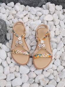 1 Pasang Sandal Datar Tenun Bunga Musim Panas untuk Remaja, dengan Tali Warna-warni dan Detail Rhinestone Bunga, Sandal dengan Tali Pergelangan Kaki Elastis - Krem - View 2