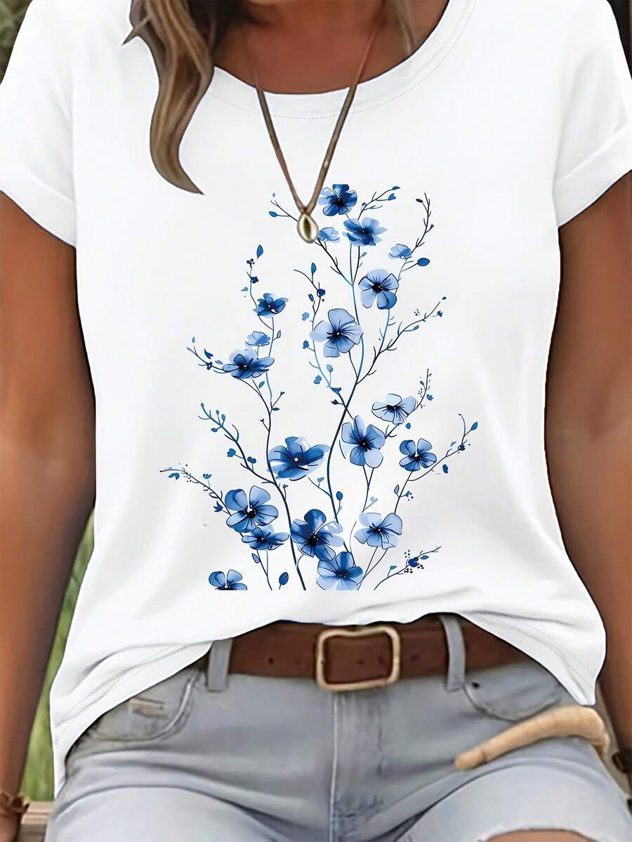 Soft 100% Cotton Women's T-Shirt, Short-Sleeved Blouse With Watercolor Floral Print - Round Neck T-Shirt For Spring And Summer, Breathable Casual Top With Floral Print, Suitable For Birthday Gifts, Mother's Day, Gifts For Sisters And Friends. Breathable Cotton T-Shirt, Goes With Everything. - 白色 - 查看 1