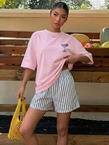 Women's Casual Loose Fit Beach T-Shirt With Lobster Stripe And Letter Print, Summer Beach Shirt, Pastel Colors, Suitable For Vacations, Graduation Trips, Beach Parties, Music Festivals - 淡粉紅色 2 - 查看 3