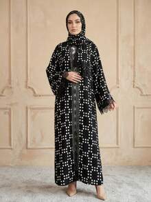 Hafizah Women's New Polka Dot Chiffon Cardigan Abaya With Headscarf, Lace Patchwork Fashion Long Robe - Black - View 5