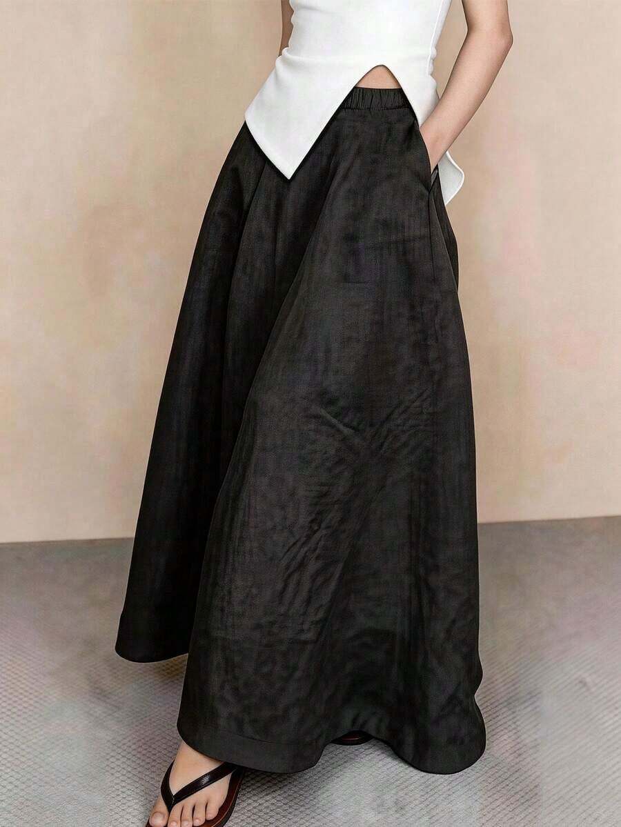 Falda blanca, elegante y casual para primavera/verano, con un toque juvenil y maduro, de alta calidad y estilo vintage de resort con bolsillos negros - Negro - Ver 1