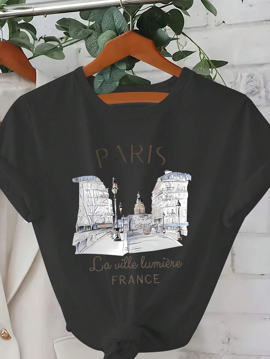Camiseta con estampado de París, top casual de manga corta y cuello redondo para verano y primavera, ropa de mujer. - Negro - Ver 1