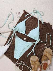 Swim Mod Bikini triangular retro dulce y picante, de talla pequeña con cordones, de alta gama a rayas rojas y azules, traje de baño sensual de piezas separadas, Primavera/Verano 2026 - Celeste - Ver 2