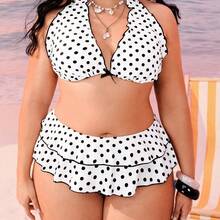 Swim Mod Plus Size Women 2pcs Black Polka Dot Print Halter Tie Sexy Beach Vacation Bikini Swimsuit - Azul Marino - Ver 8