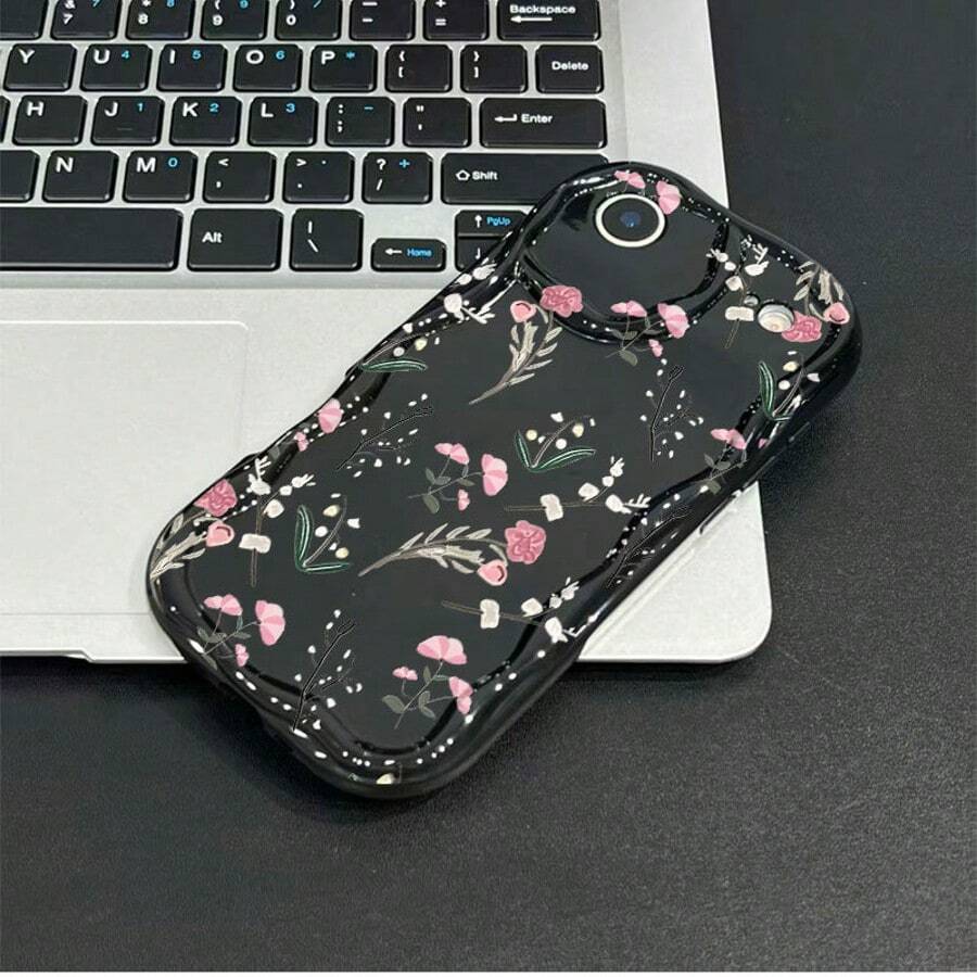 花卉印花波浪纹手机壳,防震保护壳,四角加高,防刮防指纹,精致花朵设计,兼容 17/16/15/14/13 Pro Max - 黑色 - 查看 1