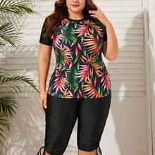 Swim Lushore 2pcs Plus Size Women Summer Random Print Short Sleeve Cropped Top And Shorts Bikini Swimsuit, Casual Vacation - Negro - Ver 5
