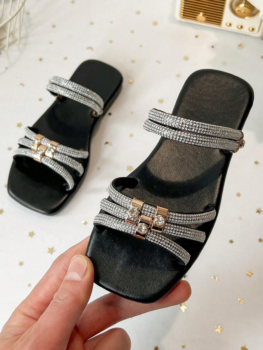 Kids' Rhinestone Multi-Strap Square Toe Flat Slide Sandals, Open Toe Slip-On Summer Casual Fashion Slides For Girls - Black - View 1