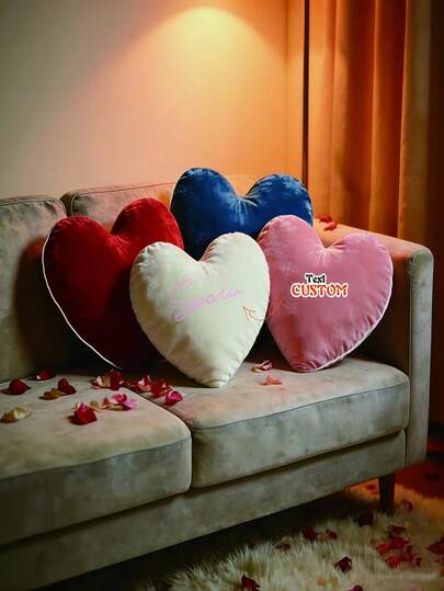 1pc Customized Valentine's Day Heart-Shaped Pillow, Solid Color Printed With Letter Name, Love Declaration, Idol's Signature, Loved One's Blessings, Lover's Expression Cushion, Suitable As Gift For Family, Friends, Loved Ones. Applicable For Sofa, Bed And Car Seat Cushion
