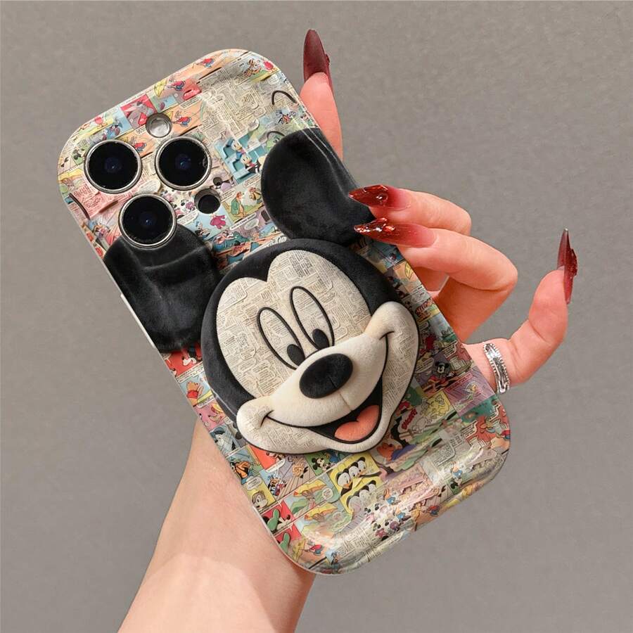 Disney Mickey Mouse Phone Case, Official Disney Character Design, Comic Print Mickey Head Plush Protective Cover. Compatible With IPhone 17, 16, 15, 14, 13, 12, 11 Pro Series, Featuring Mickey's Iconic Head With A Newspaper/Comic Print Texture Against A Background Of Classic Disney Comics, Perfect For Disney Fans And Mickey Lovers To Showcase Their Favorite Character, Ideal For Birthdays, Holidays, Anniversaries, Graduation Gifts, Or Any Special Occasion To Surprise Family, Friends, Classmates, And Loved Ones. - White - View 1