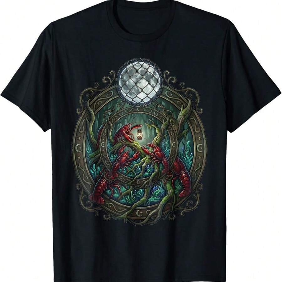 Three Crawfish Moon Forest Space Retro T-Shirt - Black - View 1